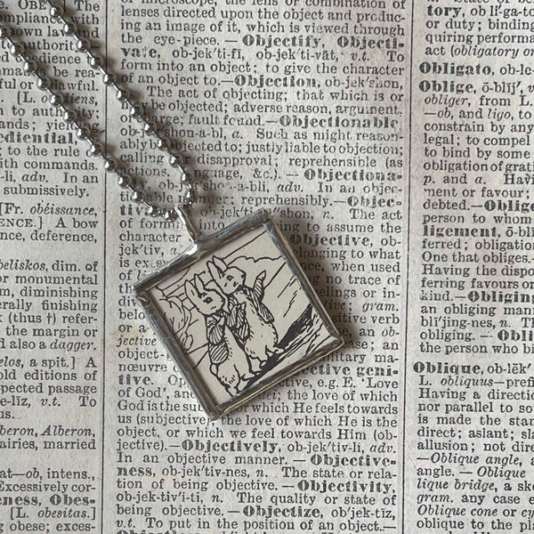 Peter Rabbit, Benjamin Bunny, Beatrix Potter, original illustrations from vintage, children's classic book, up-cycled to soldered glass pendant