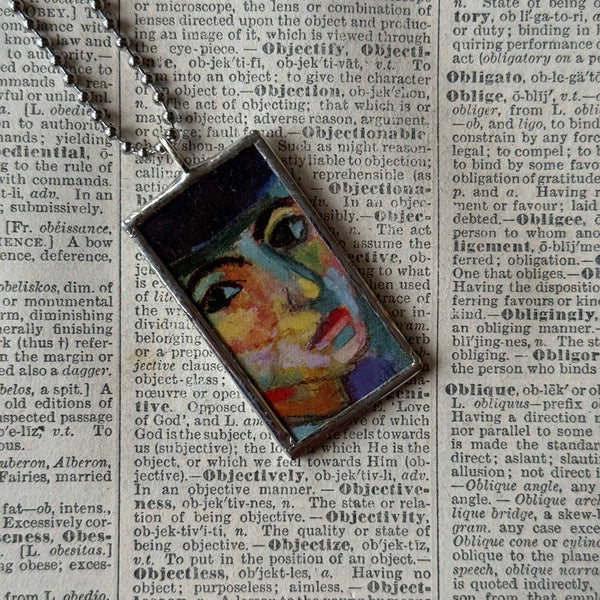 Woman in Blue Hat, Henri Matisse, upcycled to hand soldered glass pendant