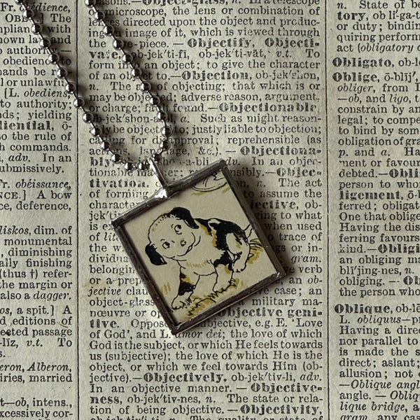 Puppy dogs, vintage 1930s children's book illustrations, up-cycled to soldered glass pendant