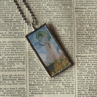 Claude Monet, woman with parasol, waterlilies, upcycled to soldered glass pendant