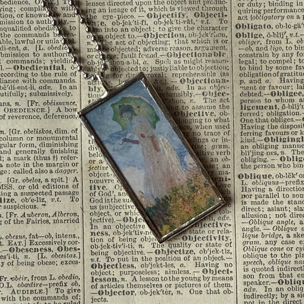 Claude Monet, woman with parasol, waterlilies, upcycled to soldered glass pendant