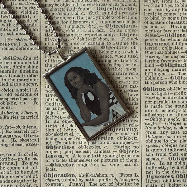 Michelle Obama, official portrait by Amy Sherald, upcycled to hand soldered glass pendant