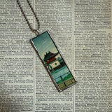 Pagoda, Willow tree, Japanese woodblock prints, up-cycled to hand-soldered glass pendant