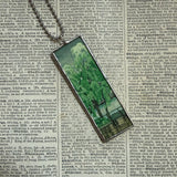 Pagoda, Willow tree, Japanese woodblock prints, up-cycled to hand-soldered glass pendant