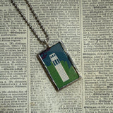 Vintage San Francisco Travel Poster of Coit Tower and Sutro Tower, upcycled hand soldered glass pendant