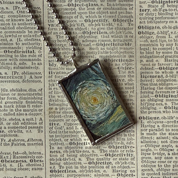 Vincent Van Gogh Starry Night upcycled to hand soldered glass pendant