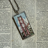 Vintage San Francisco Golden Gate Bridge illustration, upcycled hand soldered glass pendant (Copy)