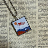 Vintage San Francisco Travel Poster of Golden Gate Bridge and Coit Tower, upcycled hand soldered glass pendant