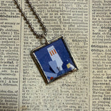 Vintage San Francisco Travel Poster of Golden Gate Bridge and Coit Tower, upcycled hand soldered glass pendant