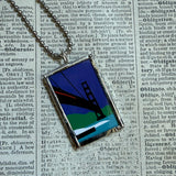 Vintage San Francisco Travel of Golden Gate Bridge and map, upcycled hand soldered glass pendant