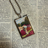 Mt Fuji, spring scene Japanese woodblock prints, up-cycled to hand-soldered glass pendant