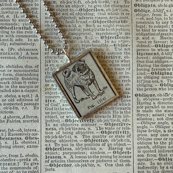 Pug dog, vintage 1930s dictionary illustration, up-cycled to hand-soldered glass pendant