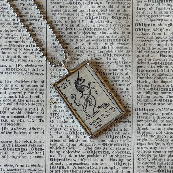 Unicorn, vintage dictionary illustration, up-cycled to hand soldered glass pendant