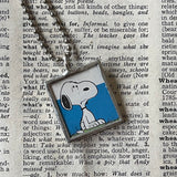 Snoopy, Woodstock, comic strip illustrations from vintage Peanuts book, up-cycled to hand-soldered glass pendant