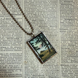 Snowy pagoda, mount fuji Japanese woodblock prints, up-cycled to hand-soldered glass pendant