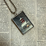 Snowy pagoda, mount fuji Japanese woodblock prints, up-cycled to hand-soldered glass pendant