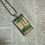 Cypress tree, plum / cherry tree Japanese woodblock prints, up-cycled to hand-soldered glass pendant