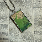Cypress tree, plum / cherry tree Japanese woodblock prints, up-cycled to hand-soldered glass pendant