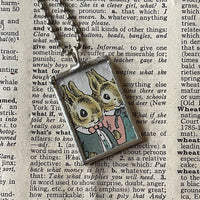 Country Bunny and the Little Gold Shoes , original vintage childrens' book illustrations, upcycled to soldered glass pendant