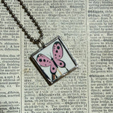 Butterfly, flower, vintage children's book illustrations, up-cycled to soldered glass pendant