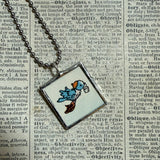 Blue birds - vintage 1930s children's book illustrations upcycled to soldered glass pendant