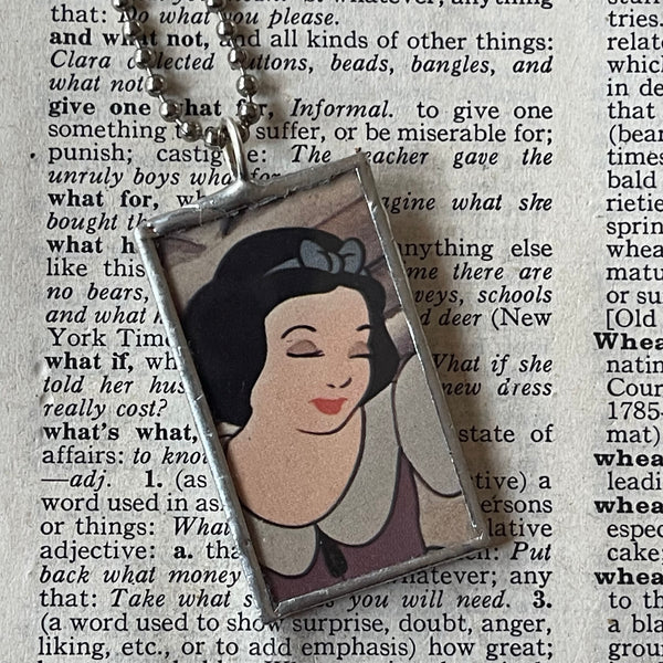 Snow White, Cherry Blossom, vintage illustrations, up-cycled to soldered glass pendant