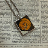 Pumpkin / jack o lantern and skeleton, vintage children's book illustrations, upcycled to soldered glass pendant