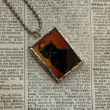 Raven and black cat - vintage halloween illustrations, upcycled to hand-soldered glass pendant