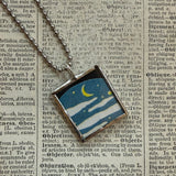 Crescent moon and stars, vintage children's book illustrations, hand-soldered glass pendant