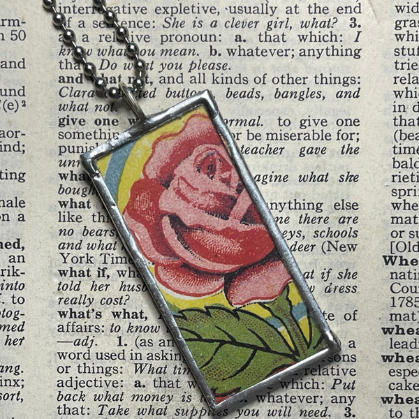 1 - Pink Rose, botanical illustrations, up-cycled to soldered glass pendant