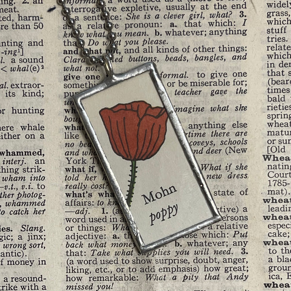 1 Poppy flower, Zinnia flower, botanical illustrations, up-cycled to soldered glass pendant