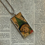 Witch and black cat - vintage halloween illustrations, upcycled to hand-soldered glass pendant