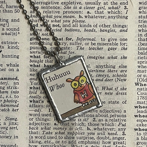 1 Owl, flowers, vintage children's book illustrations upcycled to soldered glass pendant