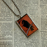 Raven and bats vintage halloween illustrations, upcycled to hand-soldered glass pendant