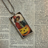 Jack O Lanterns and witch - vintage halloween illustrations, upcycled to hand-soldered glass pendant