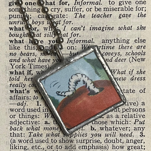 1 Worm in apple, robin bird, vintage children's book illustration, up-cycled to soldered glass pendant