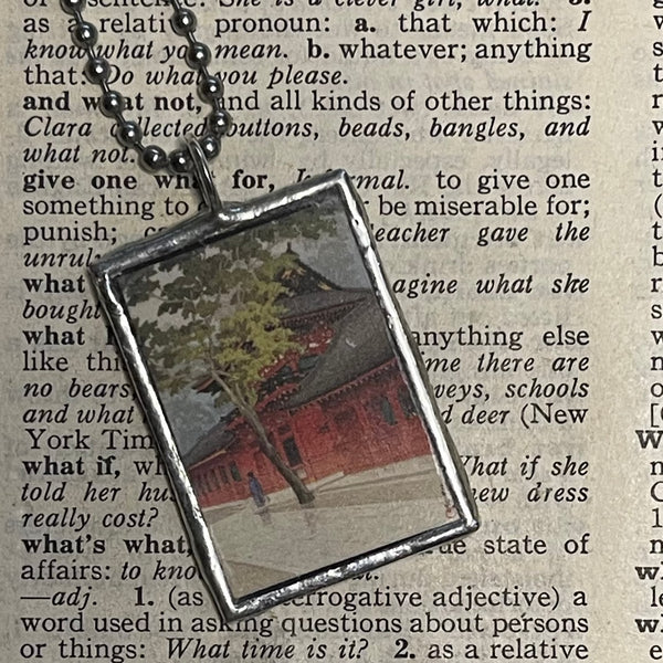 1 Japanese temple, geisha, Japanese woodblock prints, up-cycled to hand-soldered glass pendant