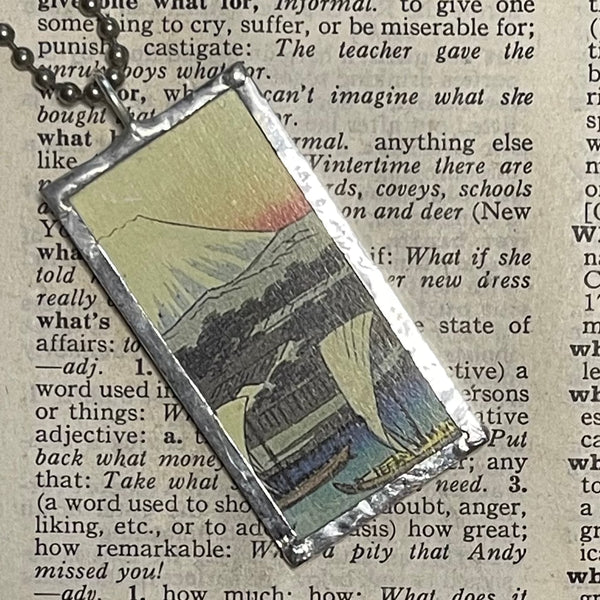 1 Mount Fuji, Sail boat, Japanese woodblock prints, up-cycled to hand-soldered glass pendant