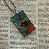 Witch, black cat and moon - vintage halloween illustrations, upcycled to hand-soldered glass pendant