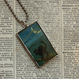 Witch, black cat and moon - vintage halloween illustrations, upcycled to hand-soldered glass pendant