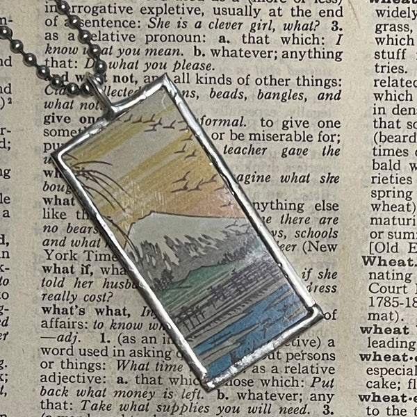1 Country scene, Mount Fuji, Japanese woodblock prints, up-cycled to hand-soldered glass pendant