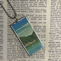 1 Mt. Fuji, Lake scene, Japanese woodblock prints, up-cycled to hand-soldered glass pendant
