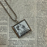 Skeleton, coffin, vintage victorian woodcut illustrations, up-cycled to soldered glass pendant