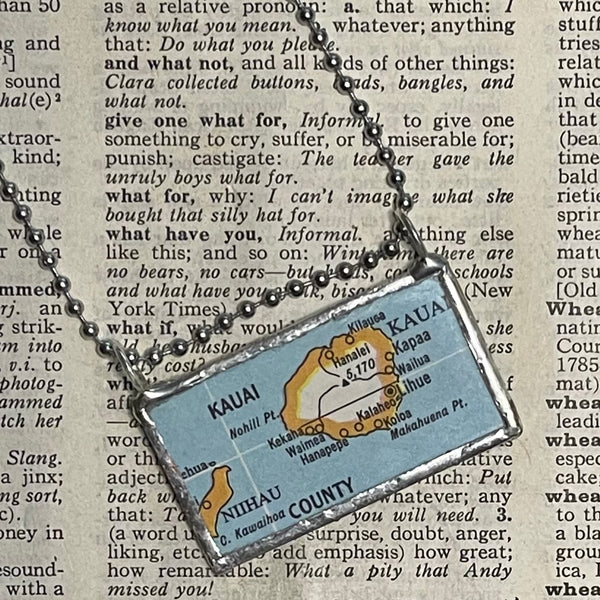 1 Hawaii, Kauai, vintage 1950s map, up-cycled to hand-soldered glass pendant