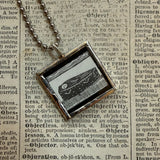 Skeleton, coffin, vintage victorian woodcut illustrations, up-cycled to soldered glass pendant