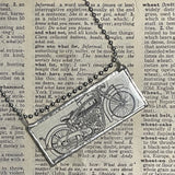 1 Vintage motorcycle illustration, 1940s dictionary, up-cycled to hand-soldered glass pendant
