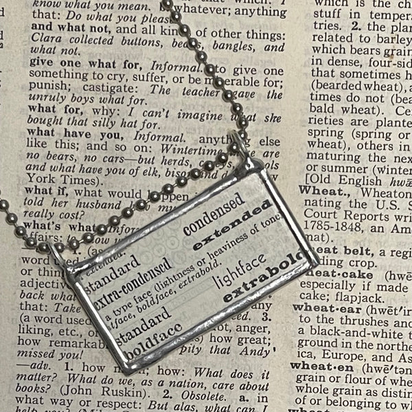 1 Vintage typeface and fonts, 1930s dictionary, up-cycled to hand-soldered glass pendant