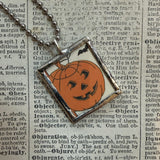 Jack-o-lantern and skeleton- vintage halloween illustrations, upcycled to hand-soldered glass pendant
