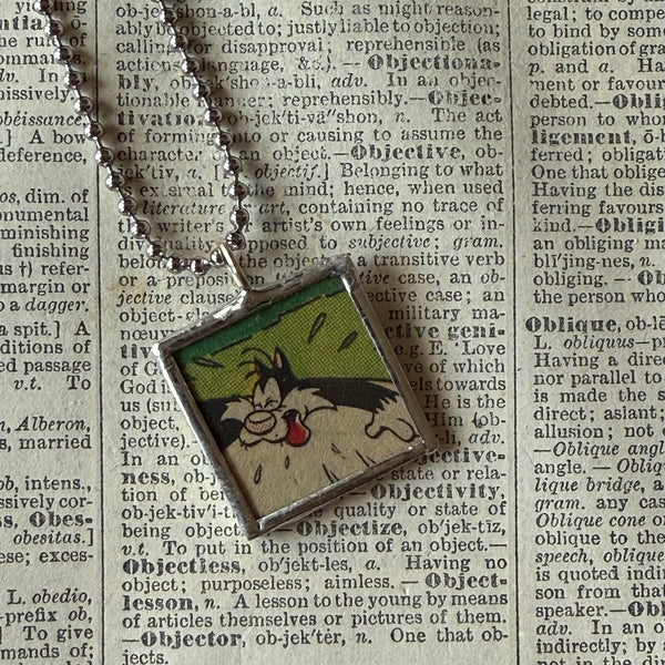 Sylvester, Tweety, vintage 1970s comic illustration, upcycled to soldered hand-soldered glass pendant