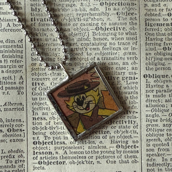 Top Cat, Benny the Ball, vintage 1970s comic illustration, upcycled to soldered hand-soldered glass pendant